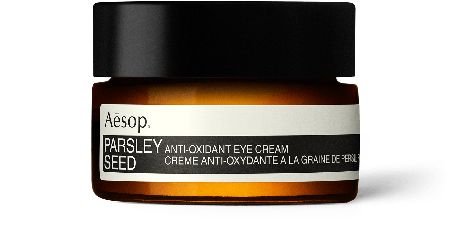 Crème Antioxydante à la Graine de Persil pour les Yeux dans un pot en verre ambré avec un couvercle à vis.