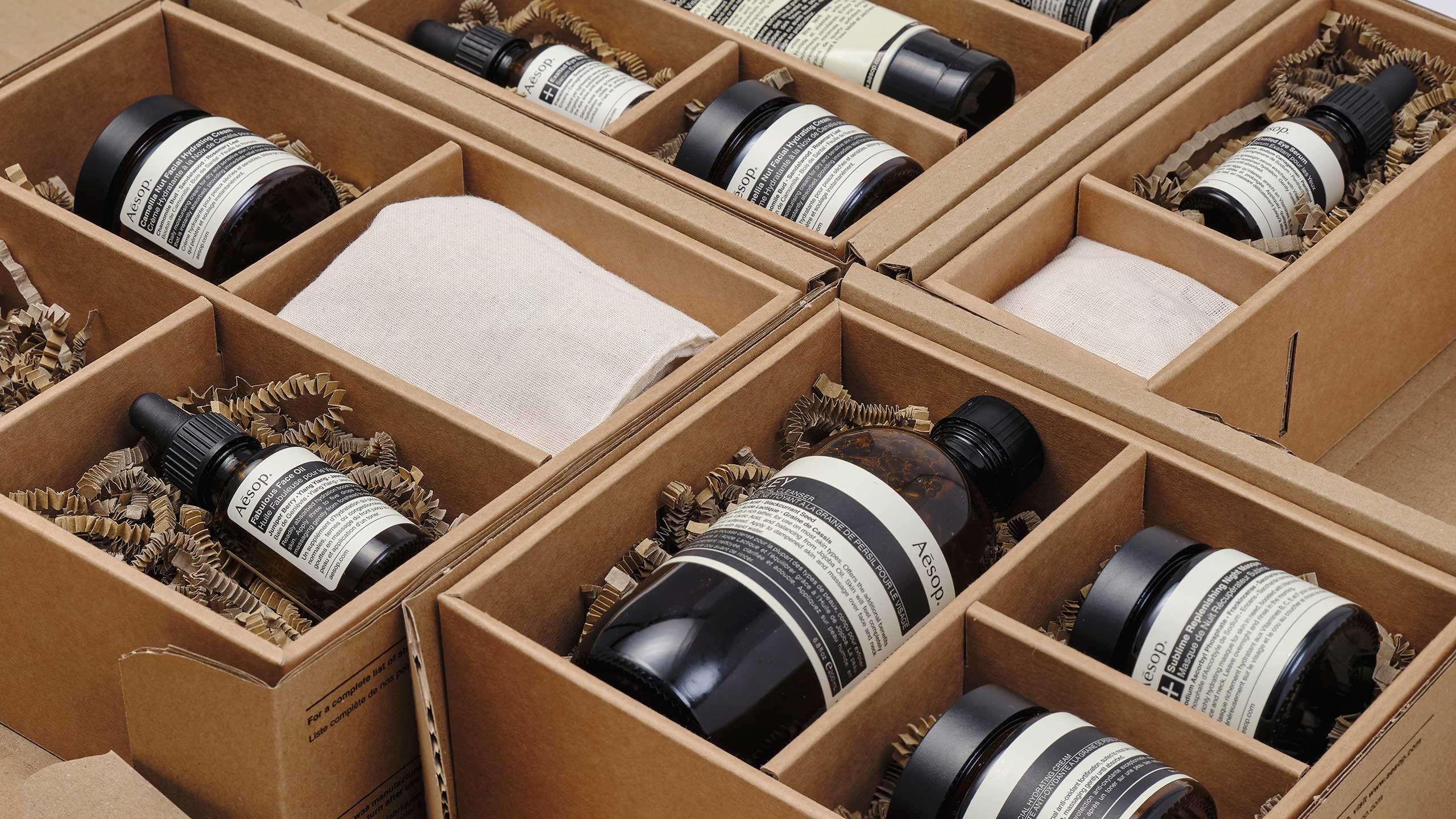 A range of Aesop products resting in cardboard shipping cartons.
